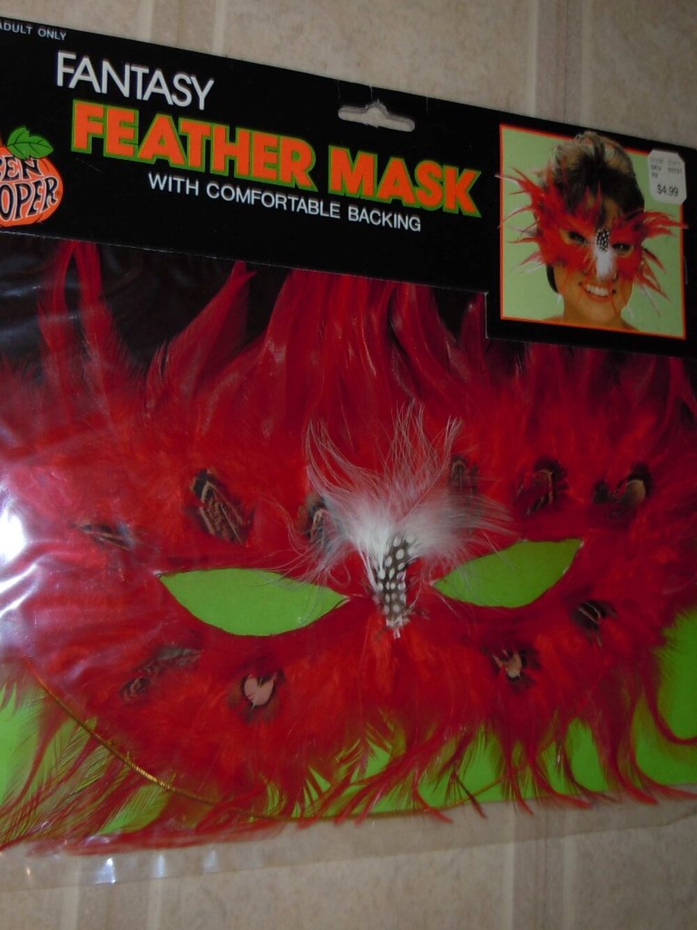 VINTAGE 1989 BEN COOPER RED FEATHER MASK NEW IN PKG HALLOWEEN COSTUME